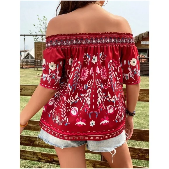 Plus Floral Print Off Shoulder Cottagecore Blouse - Picture 4 of 11